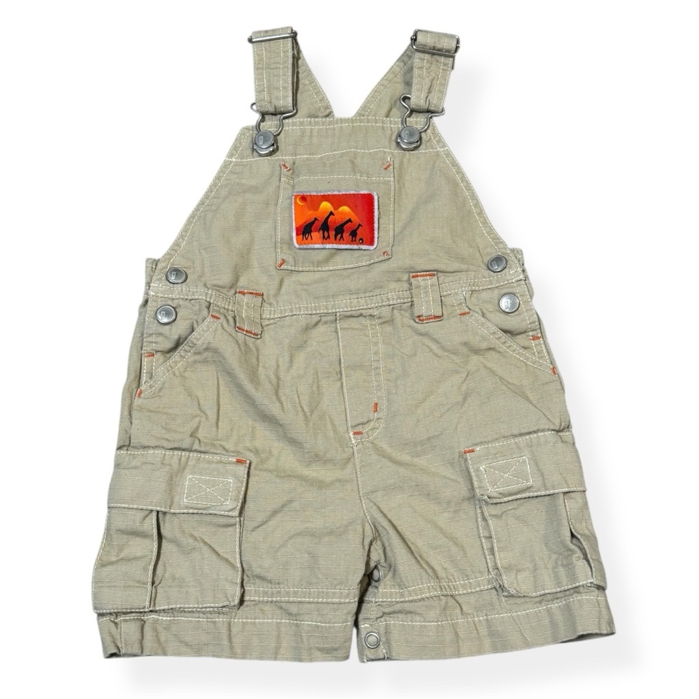 Vintage y2k Gymboree Tan Overalls with Safari Patch Africa Cargo bibs 12-18m